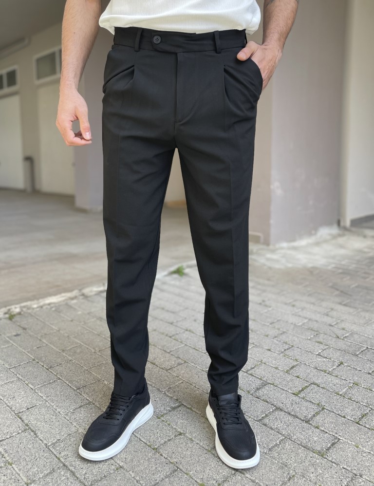 Ανδρικό μαύρο υφασμάτινο παντελόνι με πιέτα και λάστιχο στην μέση FCL00295M φωτογραφία